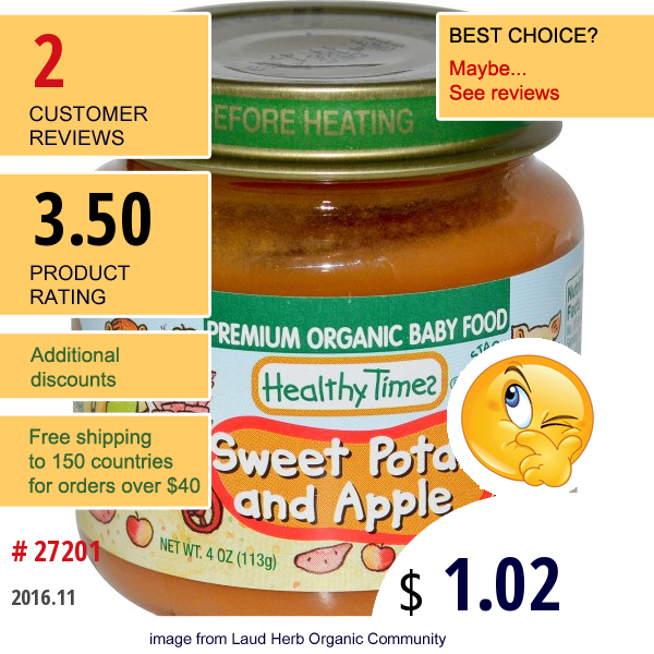 Healthy Times, Premium Organic Baby Food, Sweet Potato And Apple, Stage 2, 4 Oz (113 G)  