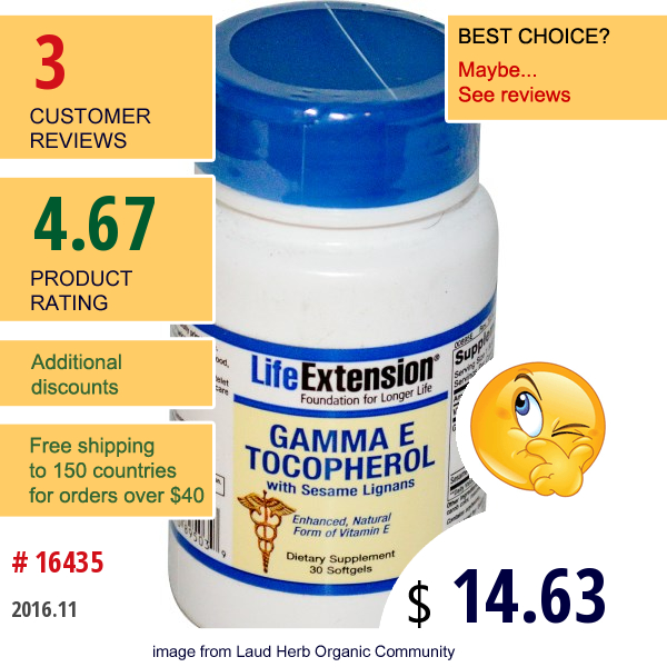 Life Extension, Gamma E Tocopherol, With Sesame Lignans, 30 Softgels  