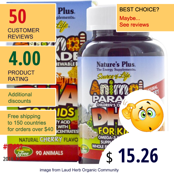 Natures Plus, Source Of Life, Dha For Kids, Animal Parade, Childrens Chewable, Natural Cherry Flavor, 90 Animals