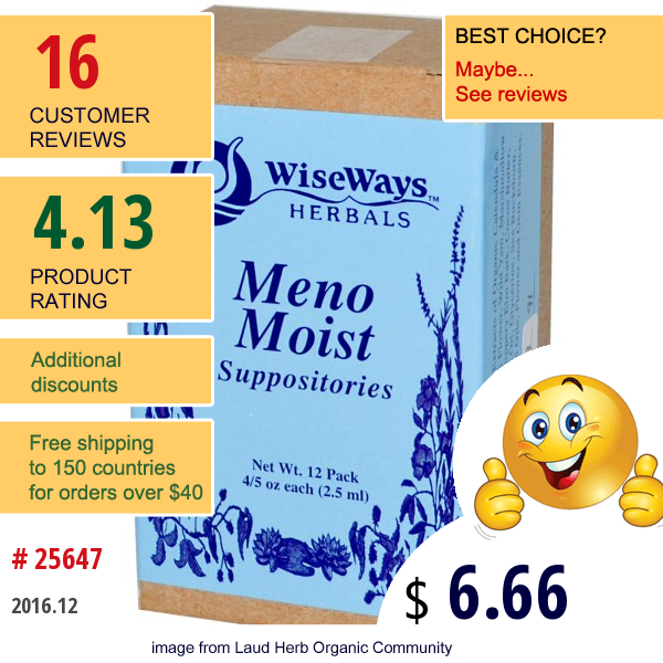 Wiseways Herbals, Llc, Meno Moist Suppositories, 12 Pack, 4.5 Oz (2.5 Ml) Each