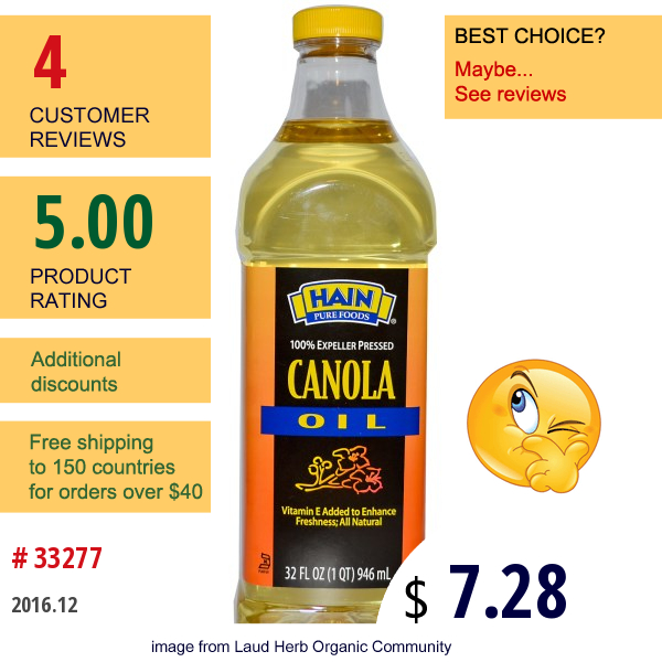 Hain Pure Foods, Canola Oil, 32 Fl Oz (946 Ml)  