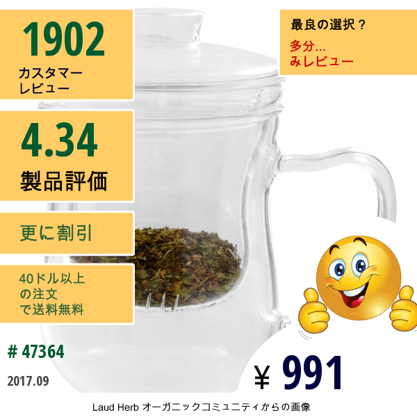 Just A Leaf Organic Tea, ティーインフューザー、ストレーナー付きグラスティーカップ、8オンスティーグラス  