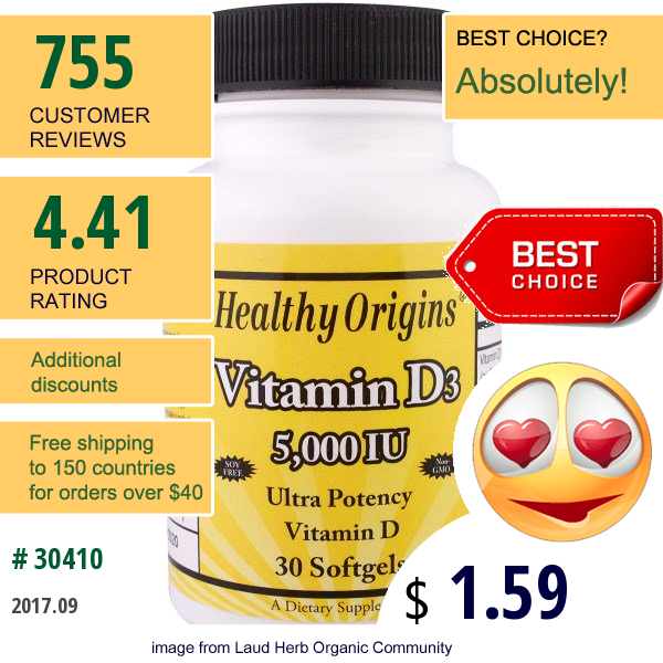 Healthy Origins, Vitamin D3, 5,000 Iu, 30 Softgels