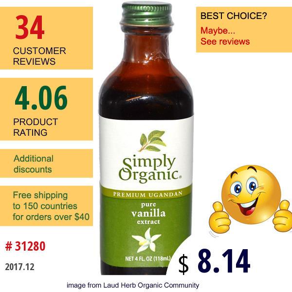 Simply Organic, Premium Ugandan Pure Vanilla Extract, Farm Grown , 4 Fl Oz (118 Ml)  