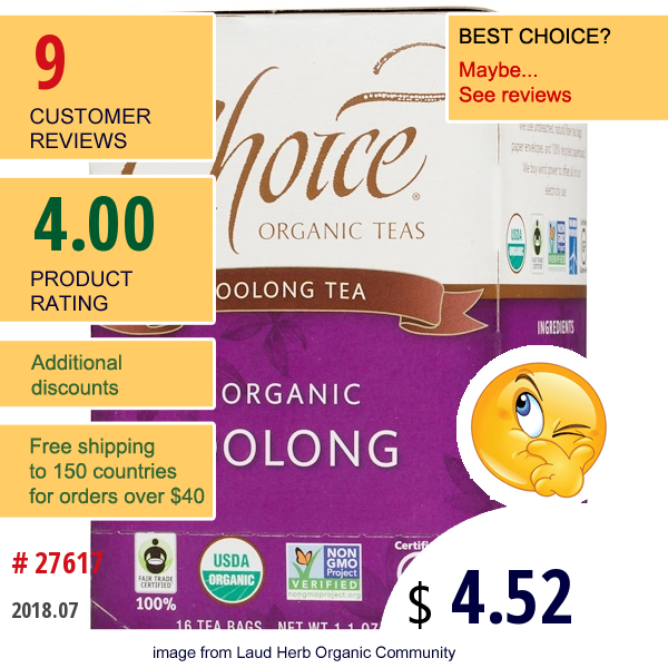 Choice Organic Teas, Oolong Tea, Organic, Oolong, 16 Tea Bags, 1.1 Oz (32 G)