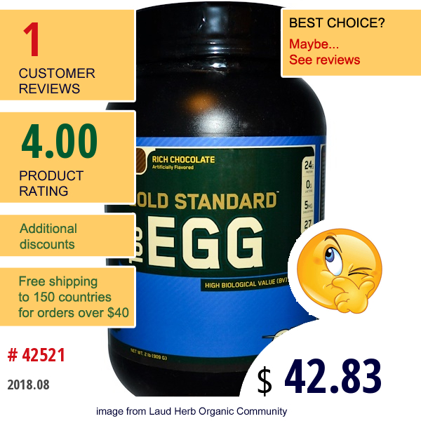 Optimum Nutrition, Gold Standard 100% Egg, Rich Chocolate, 2 Lbs (909 G)  