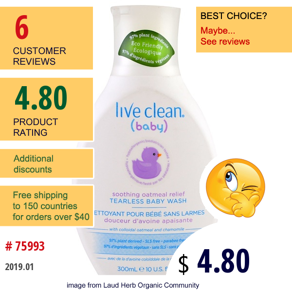 Live Clean, Baby, Soothing Oatmeal Relief, Tearless Baby Wash, 10 Fl Oz (300 Ml)