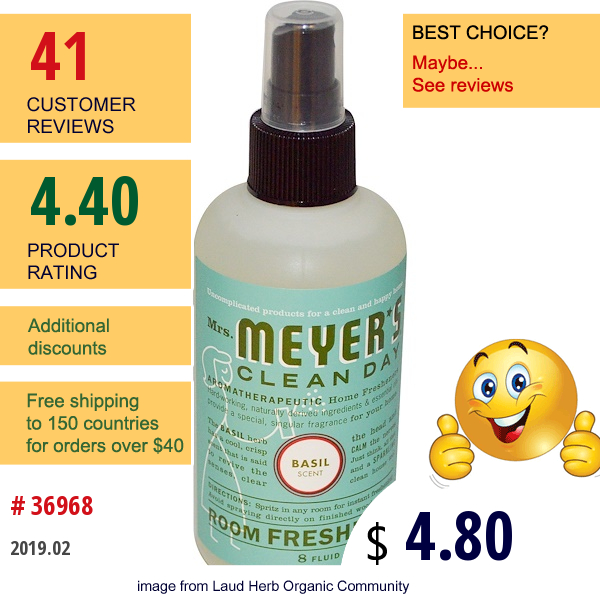 Mrs. Meyers Clean Day, Room Freshener, Basil Scent, 8 Fl Oz (236 Ml)  