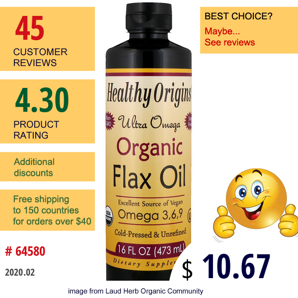 Healthy Origins, Ultra Omega, Organic Flax Oil, 16 Fl Oz (473 Ml)  