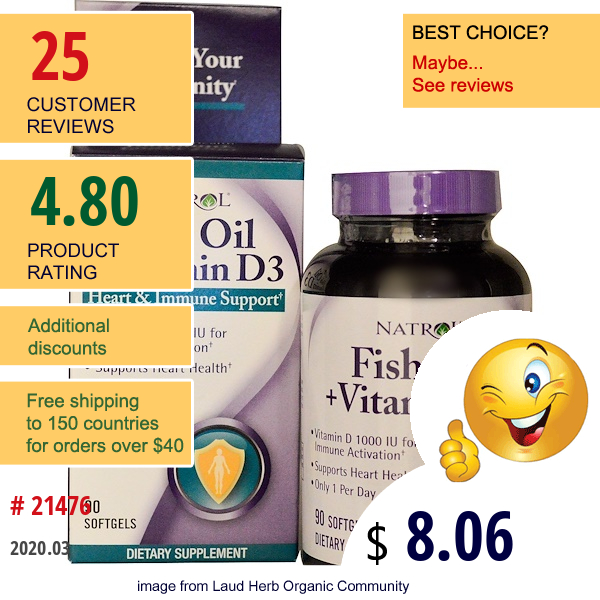 Natrol, Fish Oil + Vitamin D3, Heart & Immune Support, 90 Softgels  