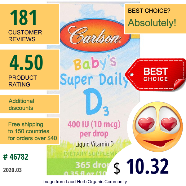 Carlson Labs, Baby'S Super Daily D3, 400 Iu, 0.35 Fl Oz (10.3 Ml)