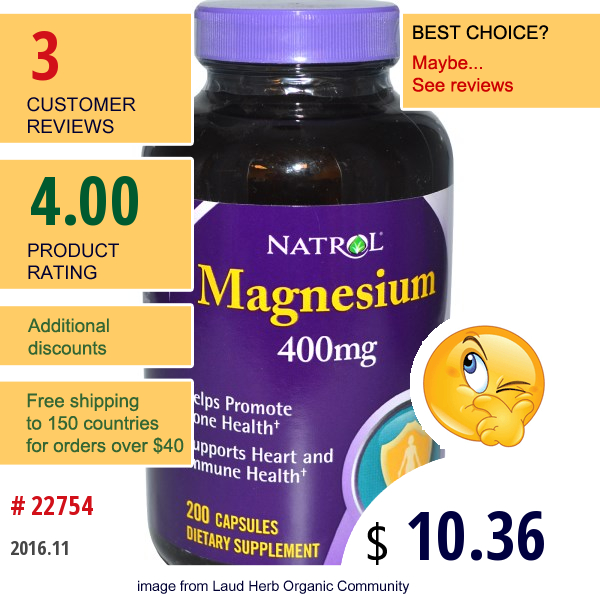 Natrol, Magnesium, 400 Mg, 200 Capsules  