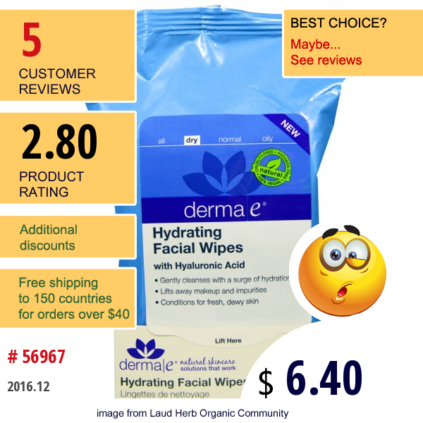 Derma E, Hydrating Facial Wipes, 25 Pre-Moistened Compostable Wipes