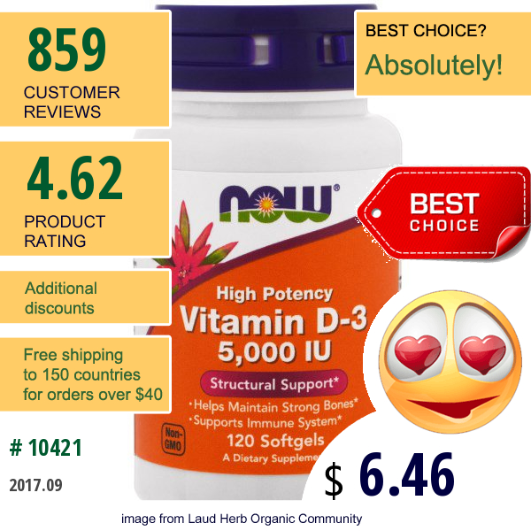 Now Foods, Vitamin D-3, High Potency, 5,000 Iu, 120 Softgels