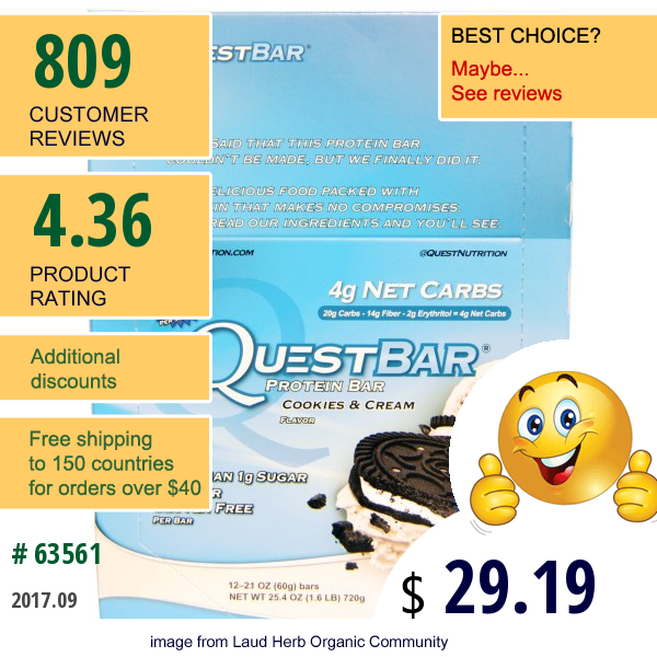 Quest Nutrition, Questbar, Protein Bar, Cookies & Cream, 12 Bars, 2.1 (60 G) Each