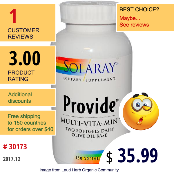 Solaray, Provide, Multi-Vita-Min, 180 Softgels  