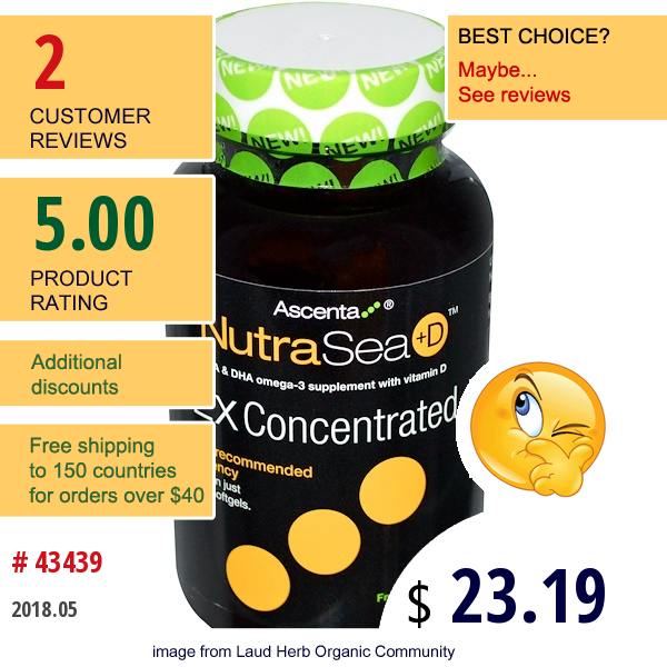 Ascenta, Nutrasea +D, 2X Concentrated Omega-3 Supplement, Fresh Mint Flavor, 60 Softgels  