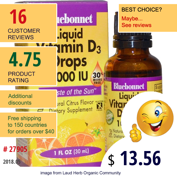 Bluebonnet Nutrition, Liquid Vitamin D3 Drops, Natural Citrus Flavor, 1,000 Iu, 1 Fl Oz (30 Ml)