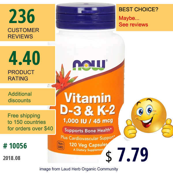 Now Foods, Vitamin D-3 & K-2, 1,000 Iu / 45 Mcg, 120 Veg Capsules