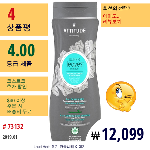 Attitude, 슈퍼 잎 과학, 천연 샴푸 & 바디워시, 2 In 1 두피 케어, 흑버드나무 & 백양나무, 16 Oz (473 Ml)