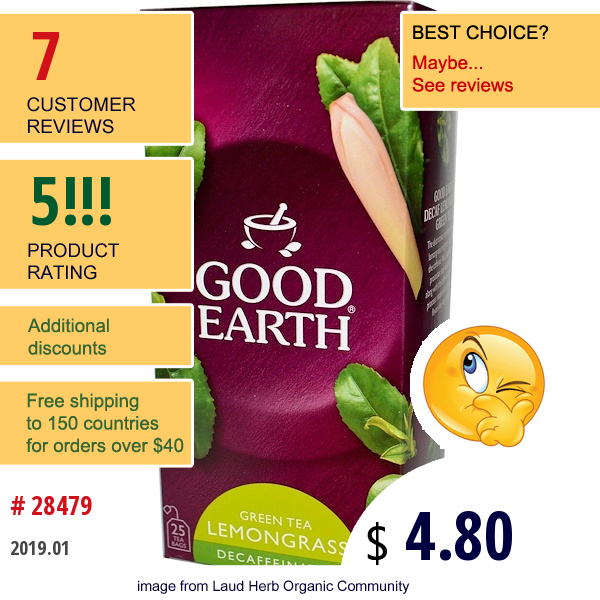 Good Earth Teas, Green Tea, Lemongrass, Decaffeinated, 25 Tea Bags, 1.8 Oz (51 G)  