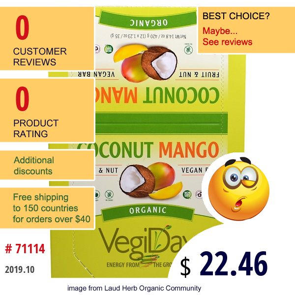 Natural Factors, Vegiday, Organic Vegan Bar, Coconut Mango, 12 Bars, 1.23 Oz (35 G) Each  