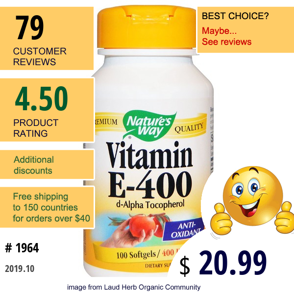 Nature'S Way, Vitamin E, 400 Iu, 100 Softgels