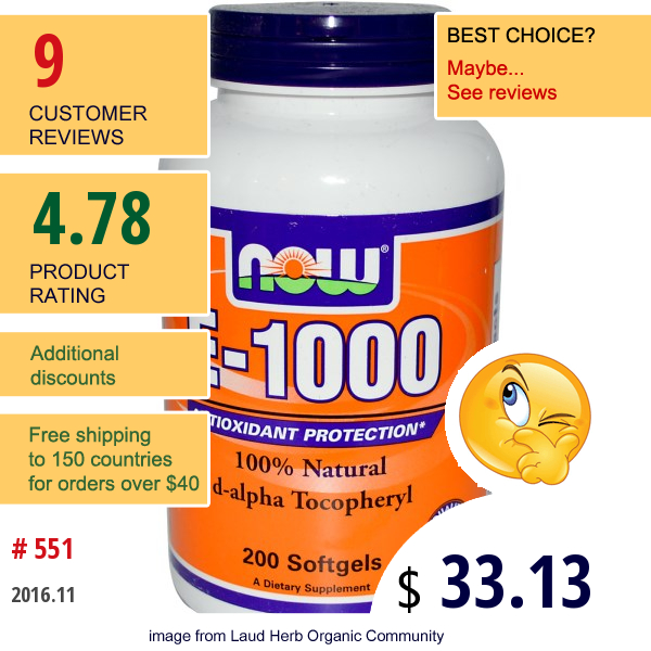 Now Foods, E-1000, 100% Natural D-Alpha Tocopheryl, 200 Softgels  