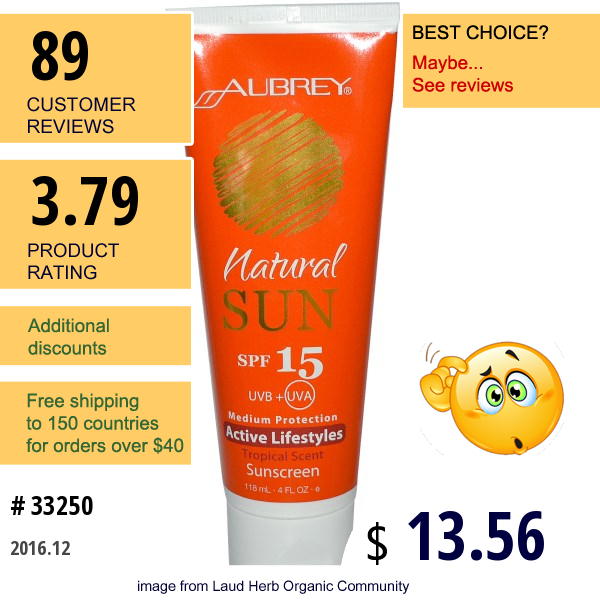 Aubrey Organics, Natural Sun, Active Lifestyles, Tropical Scent Sunscreen, Spf 15, 4 Fl Oz (118 Ml)  