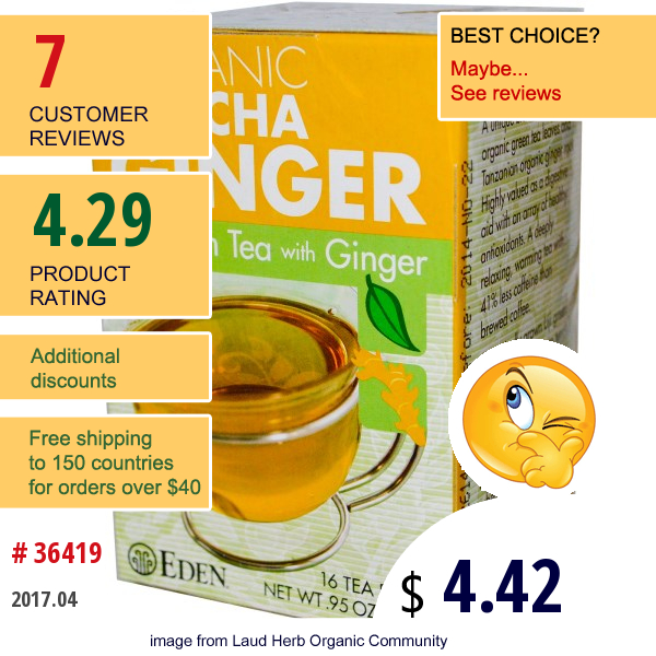 Eden Foods, Organic Sencha Ginger, Green Tea With Ginger, 16 Tea Bags, .95 Oz (27.2 G)