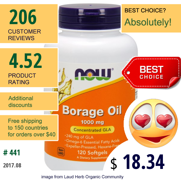 Now Foods, Borage Oil, Highest Gla Concentration, 1000 Mg, 120 Softgels