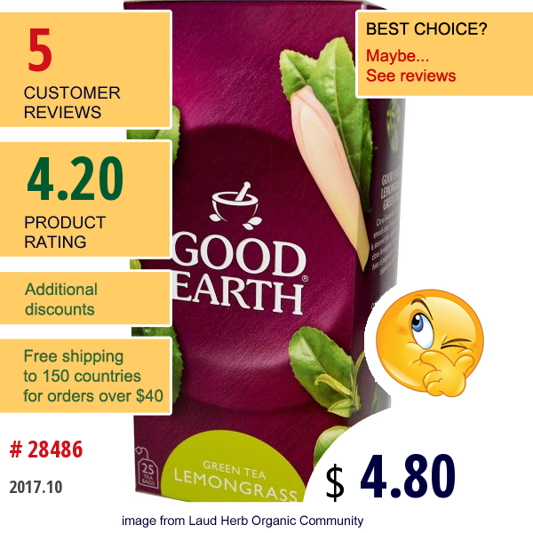 Good Earth Teas, Green Tea, Lemongrass, 25 Tea Bags, 1.5 Oz (43 G)  