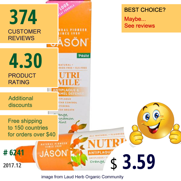 Jason Natural, Nutrismile, Antiplaque & Enamel Defense, Paste, Orange, Cinnamon & Mint, 4.2 Oz (119 G)