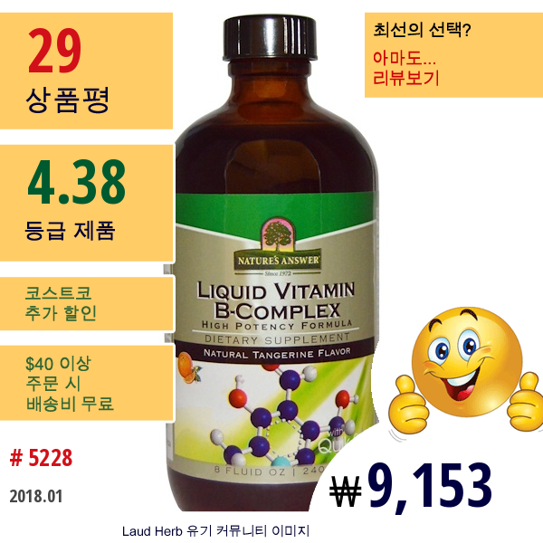 Natures Answer, 리퀴드 비타민 B-컴플렉스, 내추럴 탠저린 맛, 8 액량 온스 (240 Ml)