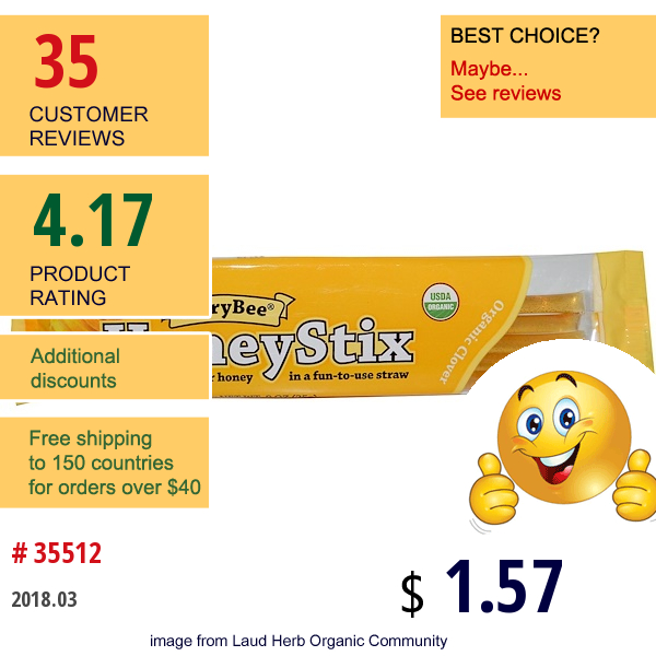 Glorybee, Honeystix, Organic Clover Honey, 5 Stix  