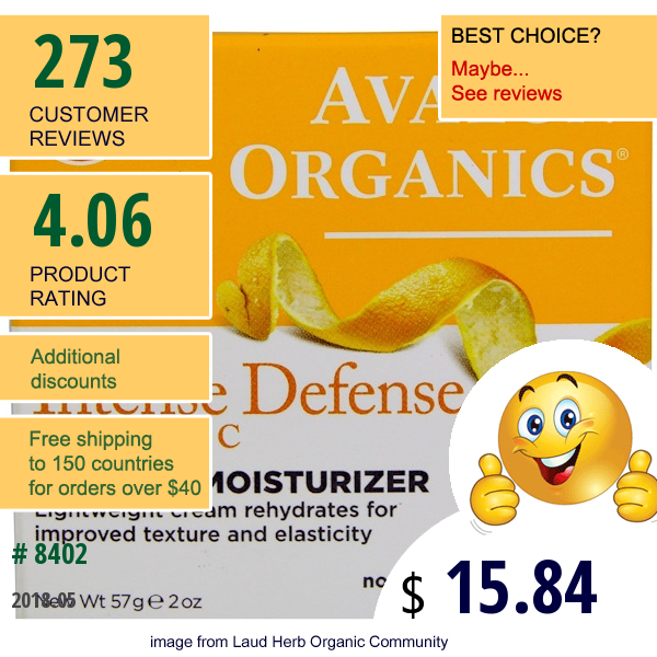 Avalon Organics, Intense Defense, With Vitamin C, Oil-Free Moisturizer, 2 Oz (57 G)