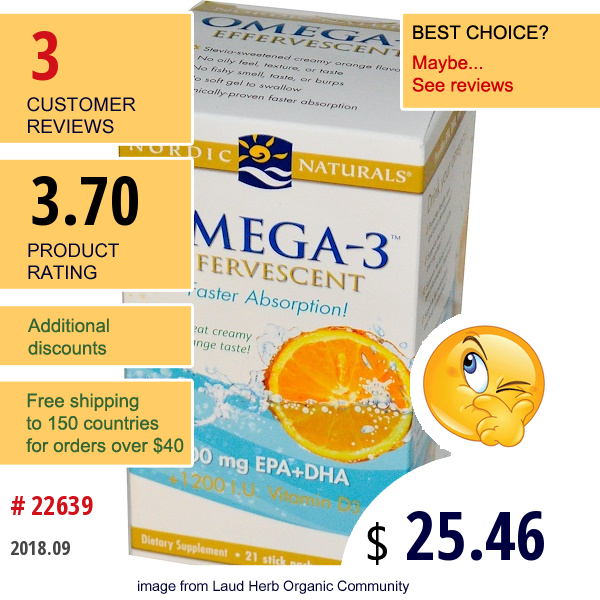 Nordic Naturals, Omega-3 Effervescent, Orange Flavor, 21 Stick Packs, 9.6 G Each  