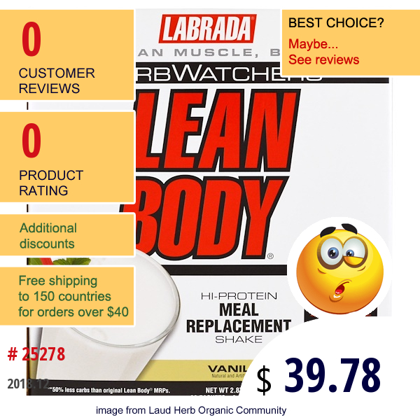 Labrada Nutrition, Carbwatchers Lean Body, Vanilla, 20 Packets, 2.29 Oz (65 G) Each