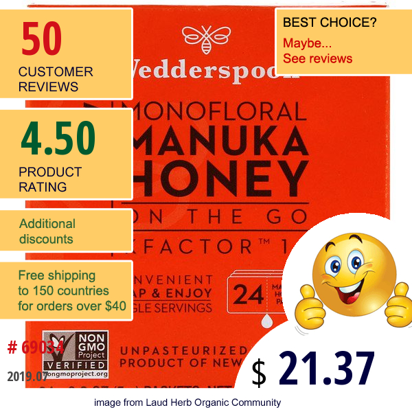 Wedderspoon, Raw Monofloral Manuka Honey, On The Go, Kfactor 16, 24 Packs, 0.2 Oz (5 G) Each