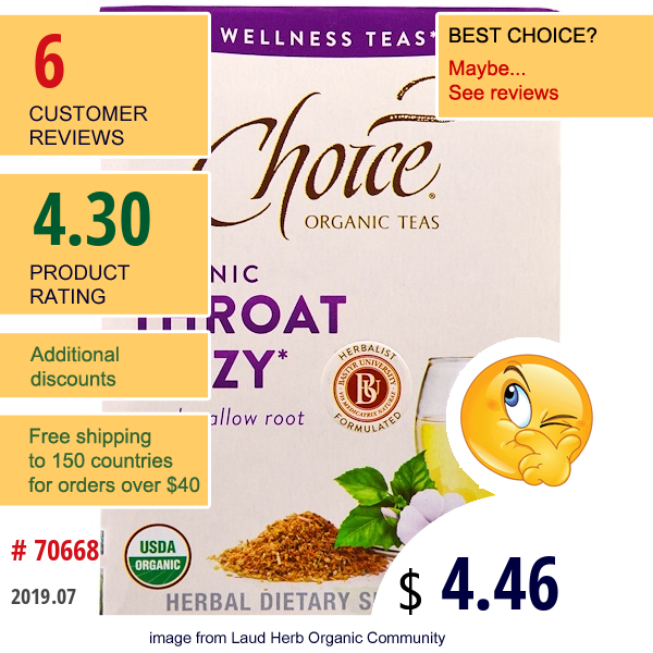 Choice Organic Teas, Wellness Teas, Organic, Throat Cozy, 16 Tea Bags, 1.1 Oz (32 G)  