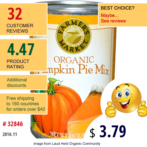 Farmers Market Foods, Organic Pumpkin Pie Mix, 15 Oz (425 G)