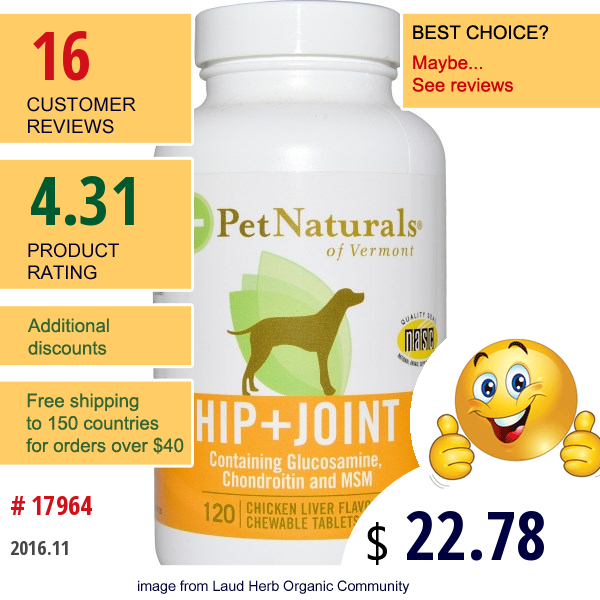 Pet Naturals Of Vermont, Hip + Joint, For Dogs, Chicken Liver Flavored, 120 Chewable Tablets  