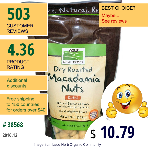 Now Foods, Real Food, Macadamia Nuts, Dry Roasted, Salted, 9 Oz (255 G)