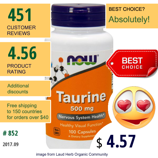 Now Foods, Taurine, 500 Mg, 100 Capsules