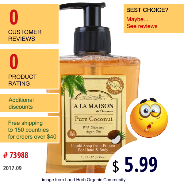 A La Maison De Provence, Liquid Soap For Hand & Body, Pure Coconut, 10 Fl Oz (300 Ml)