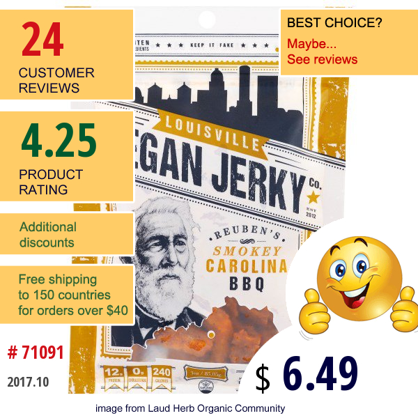 Louisville Vegan Jerky Co, Reubens Smokey Carolina Bbq, 3 Oz (85.05 G)