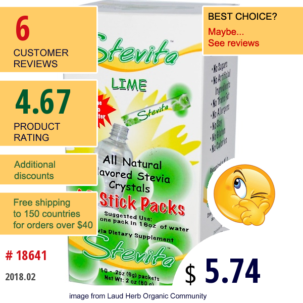 Stevita, Stevia Crystals, Lime, 10 Packets, .2 Oz (6 G) Each  