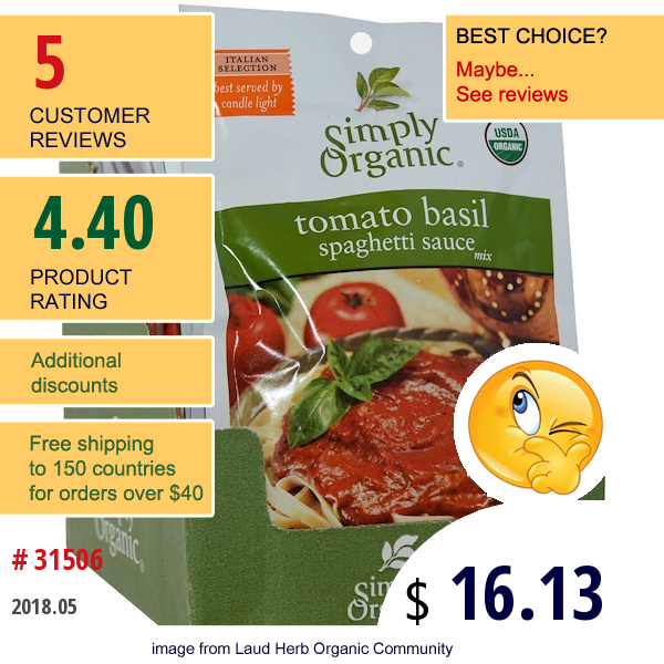 Simply Organic, Tomato Basil Spaghetti Sauce Mix, 12 Packets, 1.31 Oz (37 G) Each  