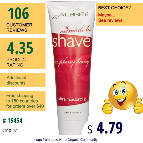 Aubrey Organics, Creme De La Shave, Raspberry Honey, 4 Fl Oz (118 Ml)  