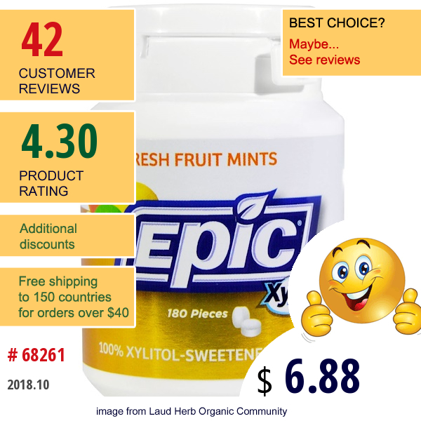 Epic Dental, 100% Xylitol Sweetened, Fresh Fruit Mints, 180 Pieces